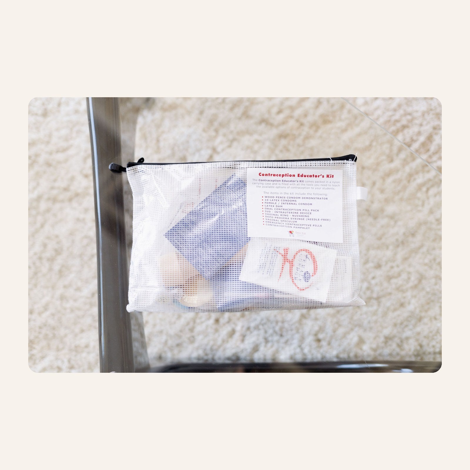 Contraception Educator's Kit mesh pouch with condom, IUD, and other contraception samples visible inside, and an itemized contents label