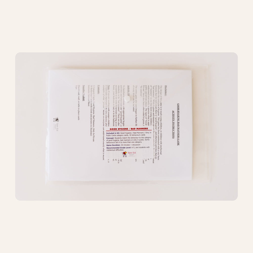 Good Hygiene / Bad Manners activity kit instructions and category cards in a clear plastic sleeve