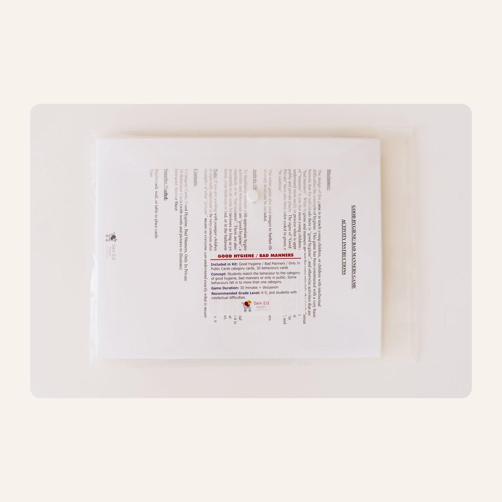 Good Hygiene / Bad Manners activity kit instructions and category cards in a clear plastic sleeve