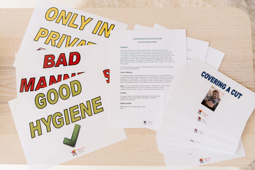 Good Hygiene / Bad Manners category cards and behaviour cards laid out on a table