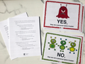 Personal Space Invaders Yes/No response cards, a red monster illustration on the Yes card and green monsters on the No card