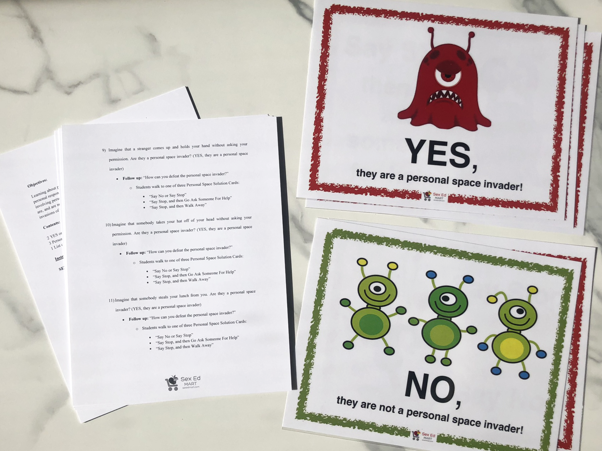 Personal Space Invaders Yes/No response cards, a red monster illustration on the Yes card and green monsters on the No card