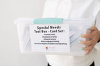 Special Needs Tool Box Card Set held in a clear storage bin, close-up of the label